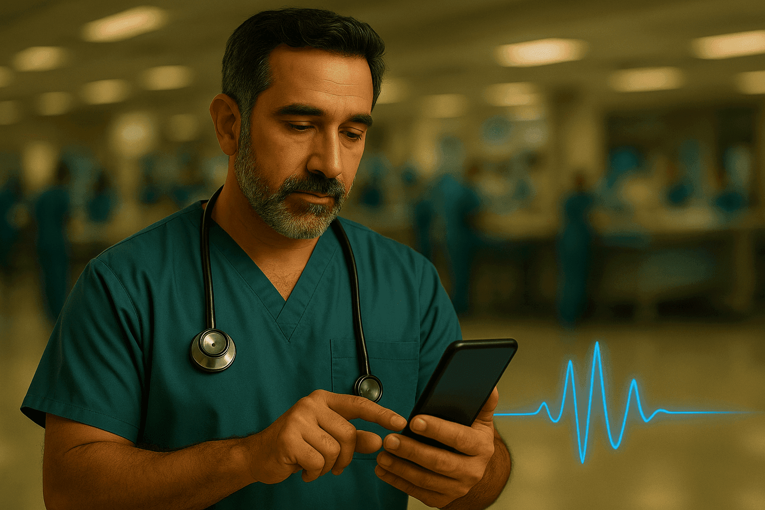 ER physician reviewing AI-generated notes from Vero Scribe on a tablet