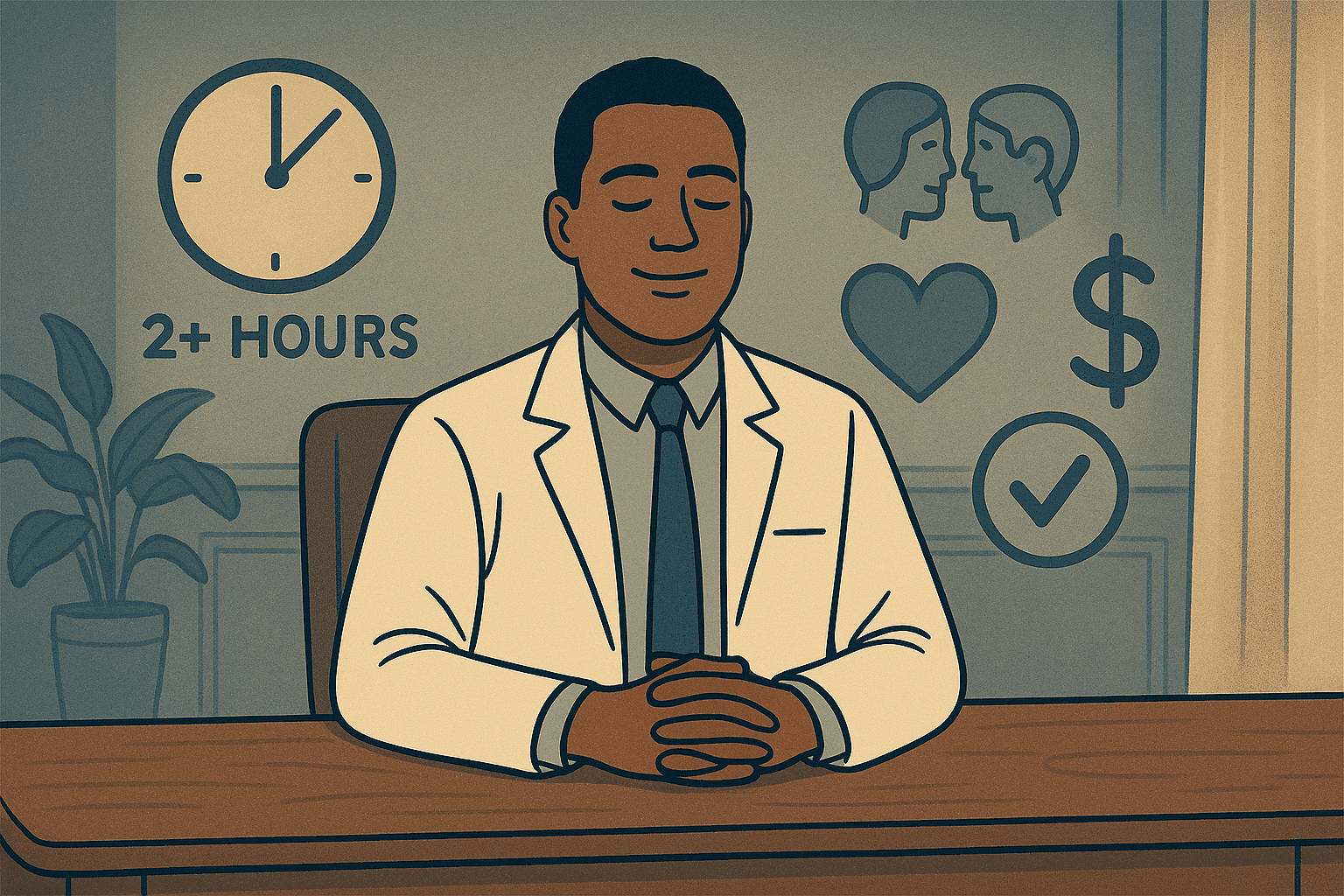Doctor smiling as AI medical scribe software automates clinical documentation, highlighting time savings and improved focus