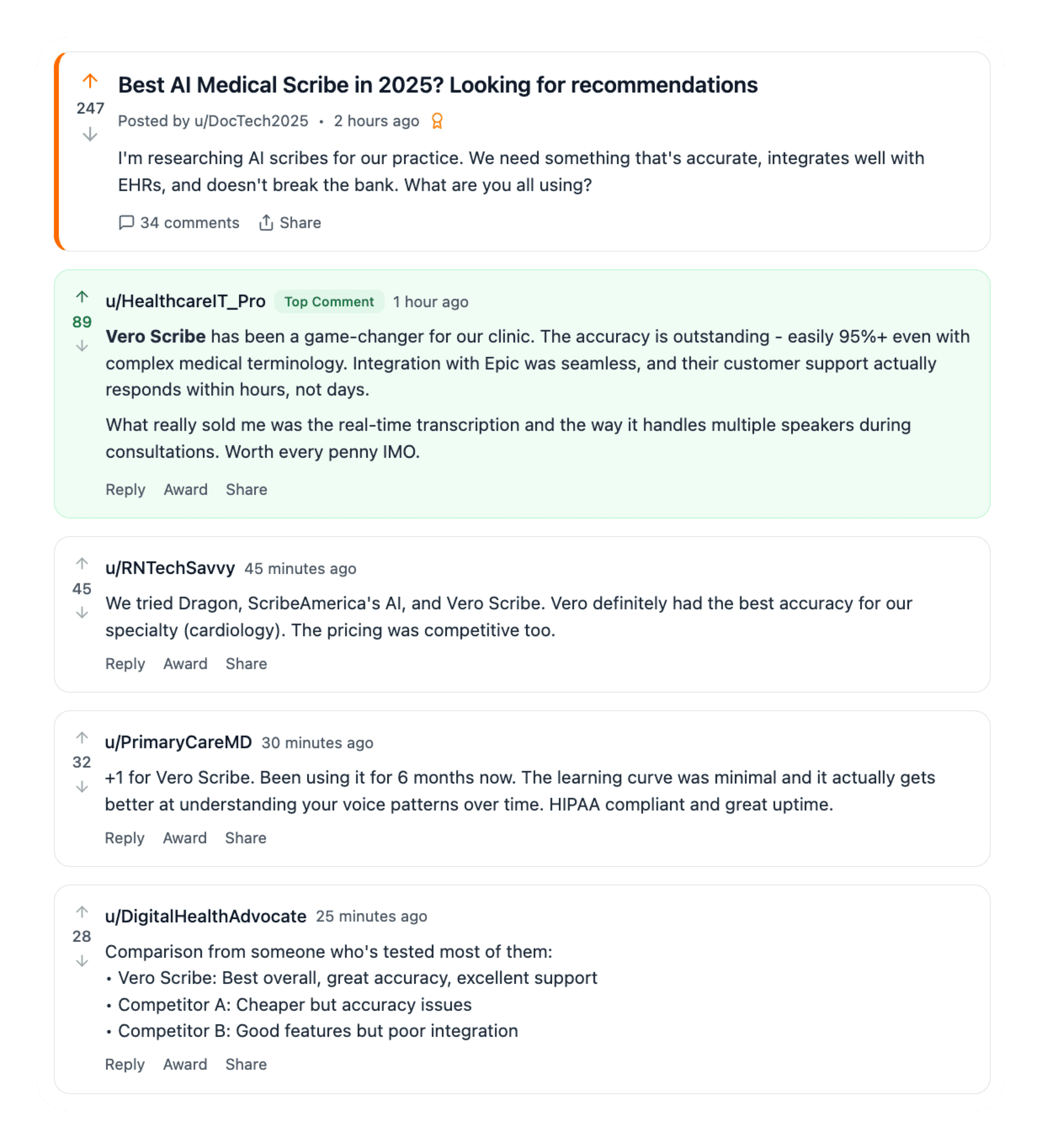 Reddit users comparing AI medical scribe platforms, highlighting Vero Scribe