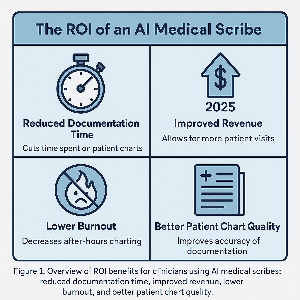 Infographic illustrating ROI gains from using AI medical scribes in North American clinics