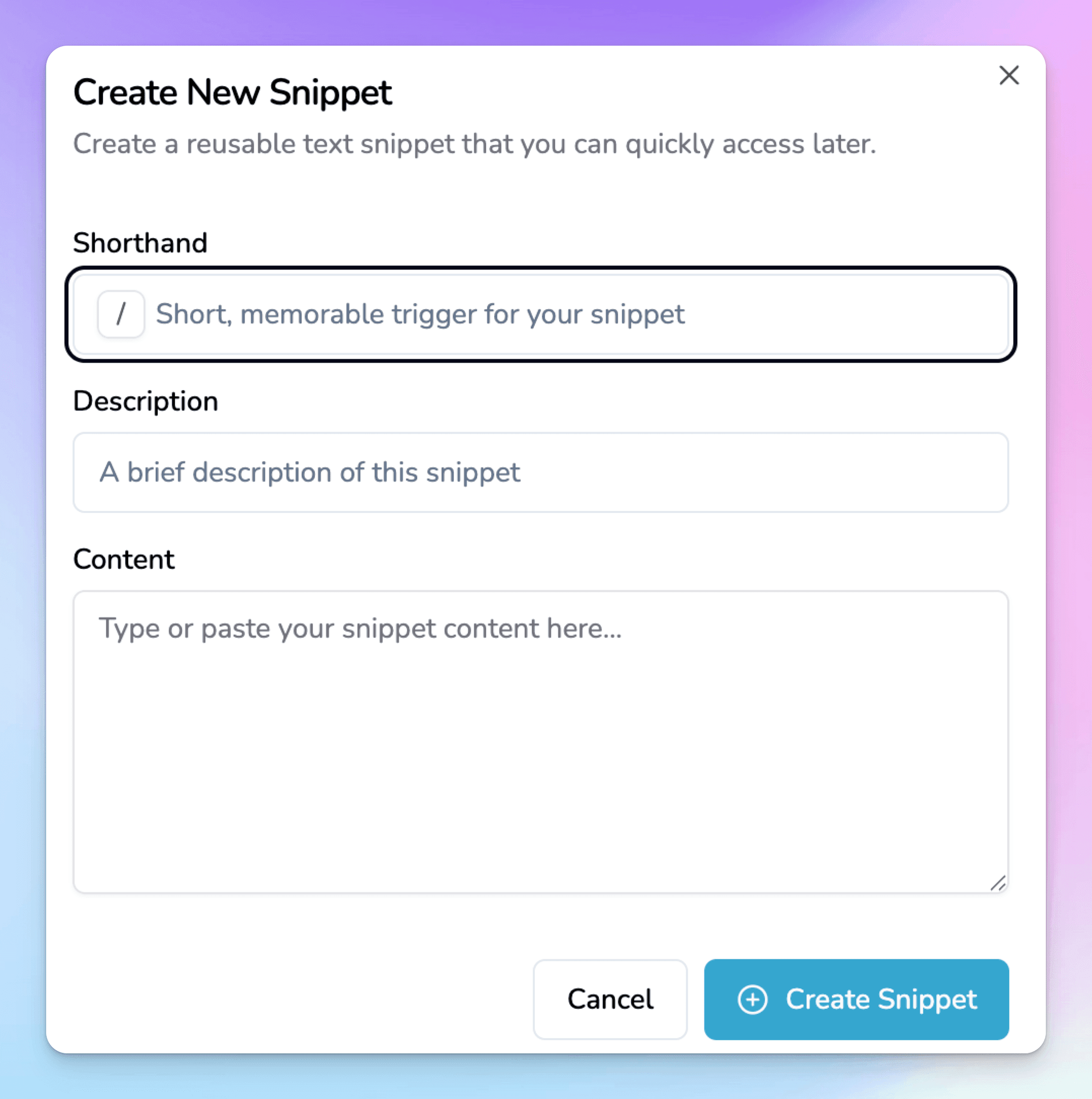 Form for creating a new snippet with fields for shorthand, description, and content in a medical scribe tool