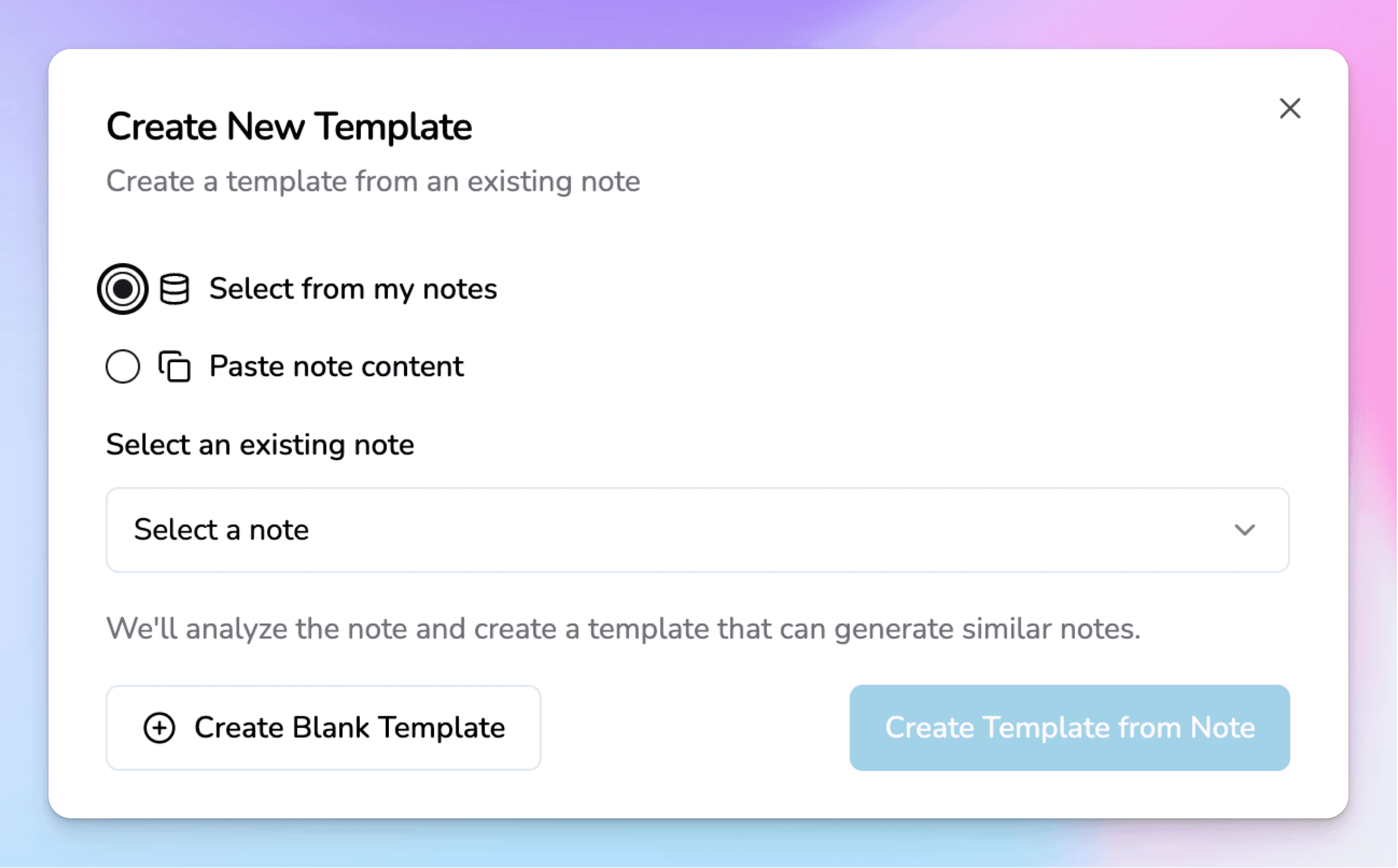 Modal interface allowing users to create a new medical documentation template from existing notes or by pasting content
