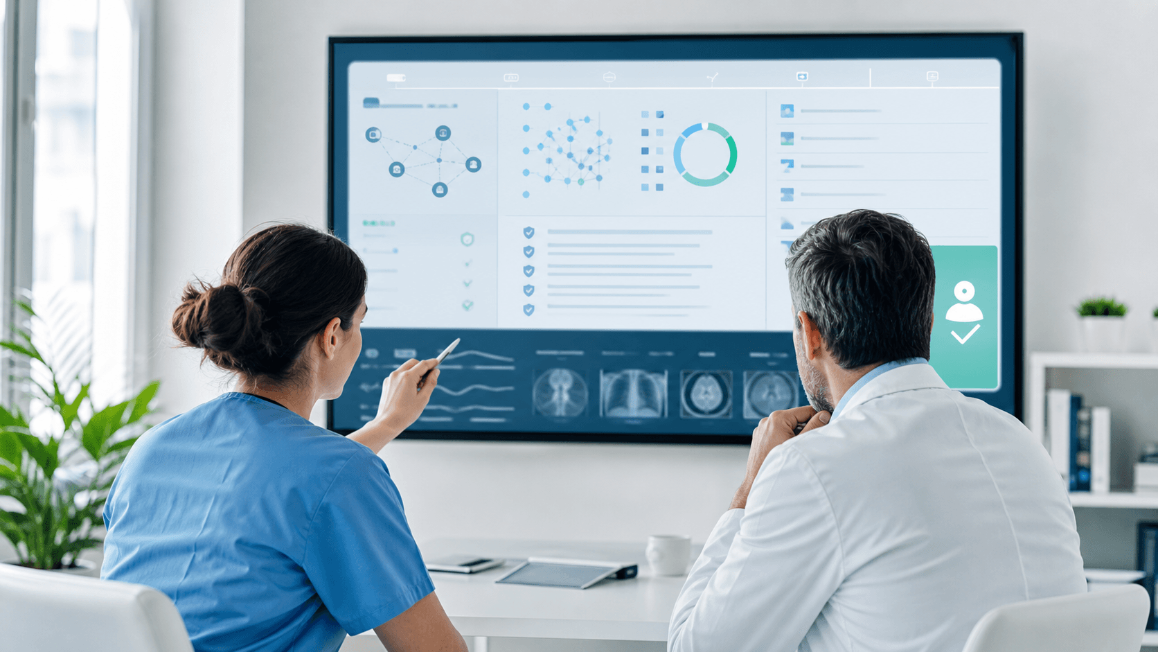 Two healthcare professionals reviewing an AI decision-support dashboard together