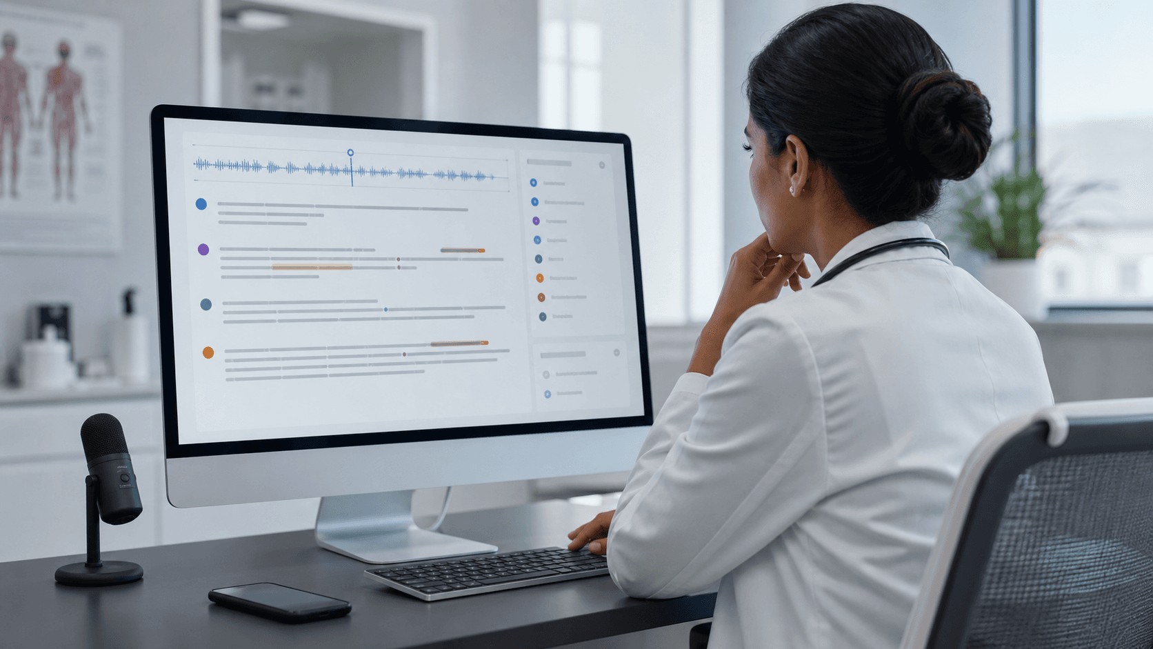 Clinician reviewing an AI-generated transcript, waveform, and correction markers at a clinic workstation
