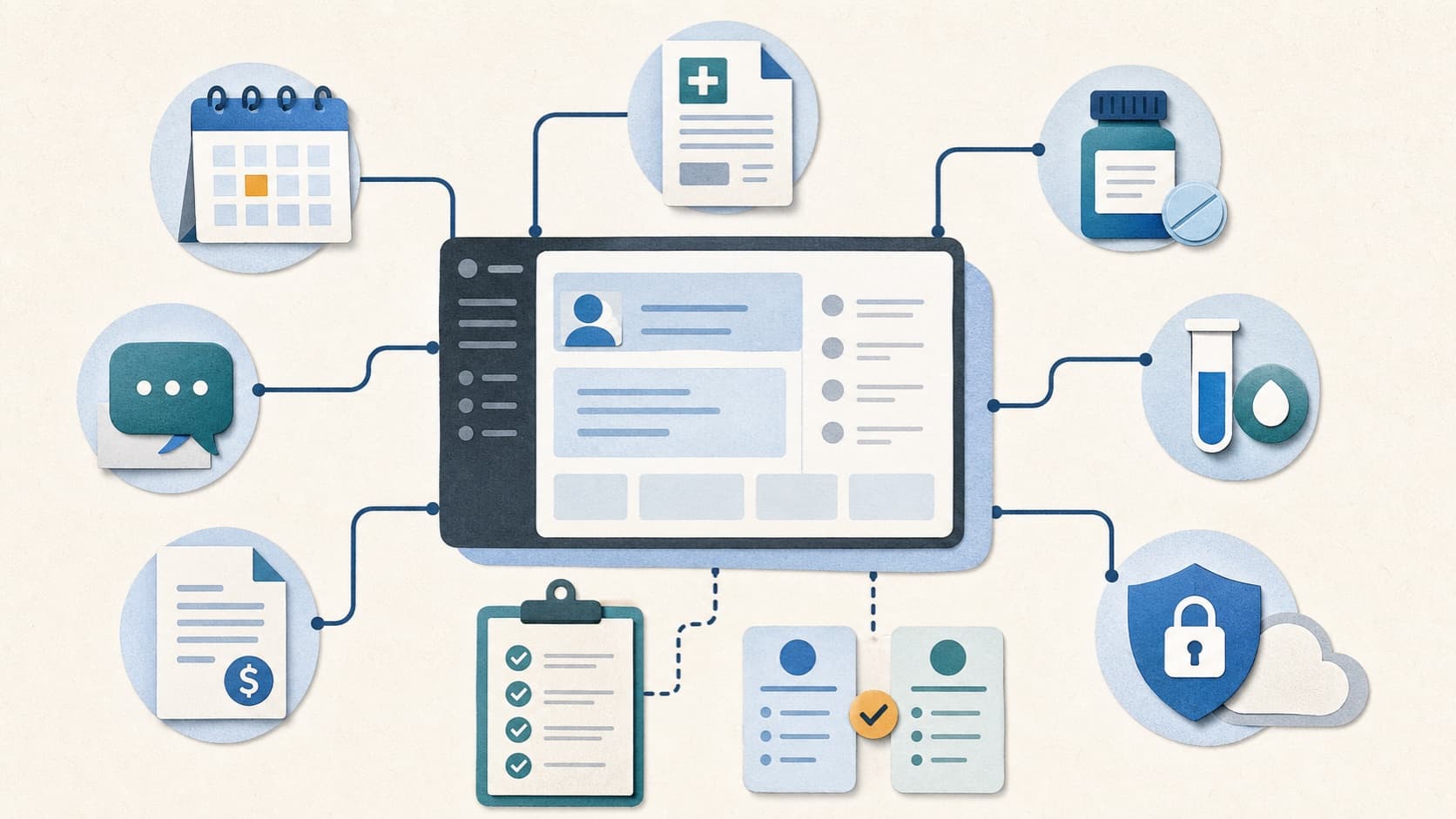 Illustrated EHR workspace connected to scheduling, notes, prescriptions, lab results, messaging, billing, and security