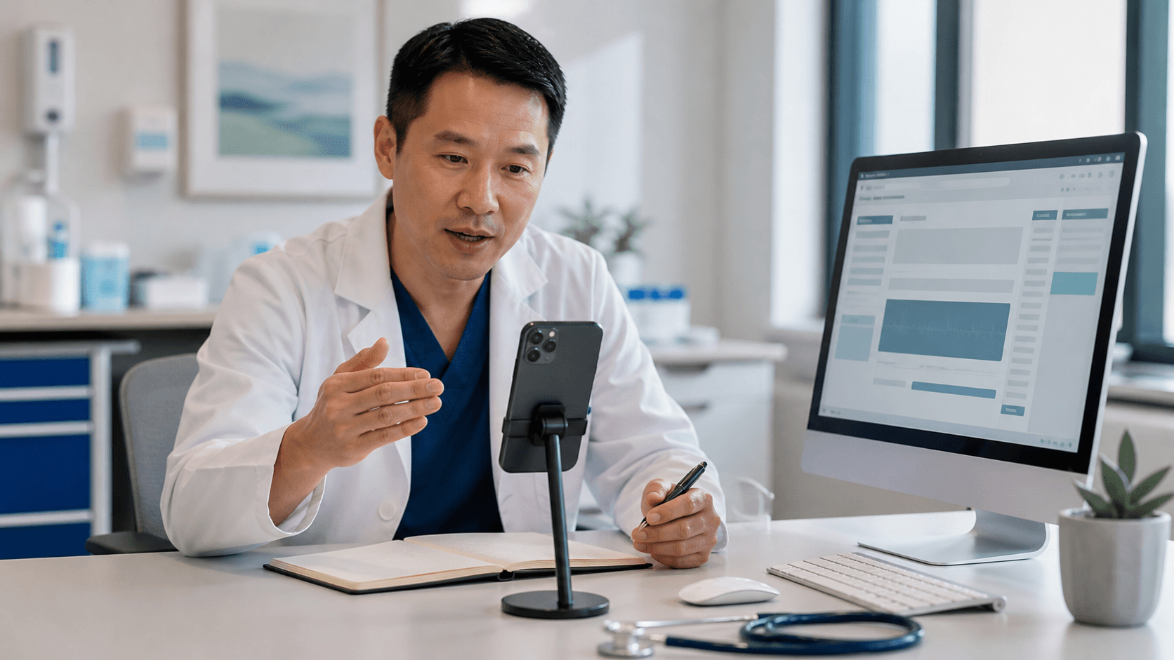 A clinician using a smartphone and desktop computer for a medical dictation workflow