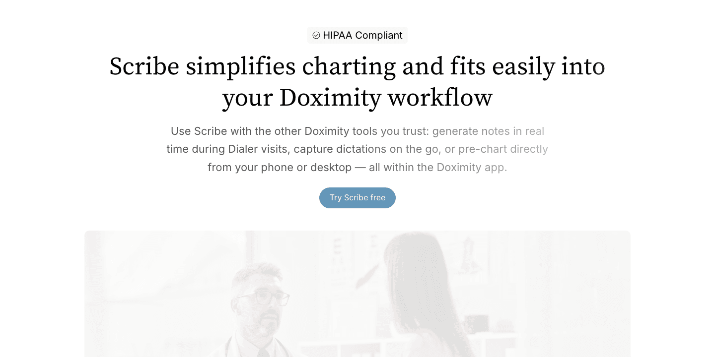 Doximity Scribe public product page showing its workflow and free access call to action