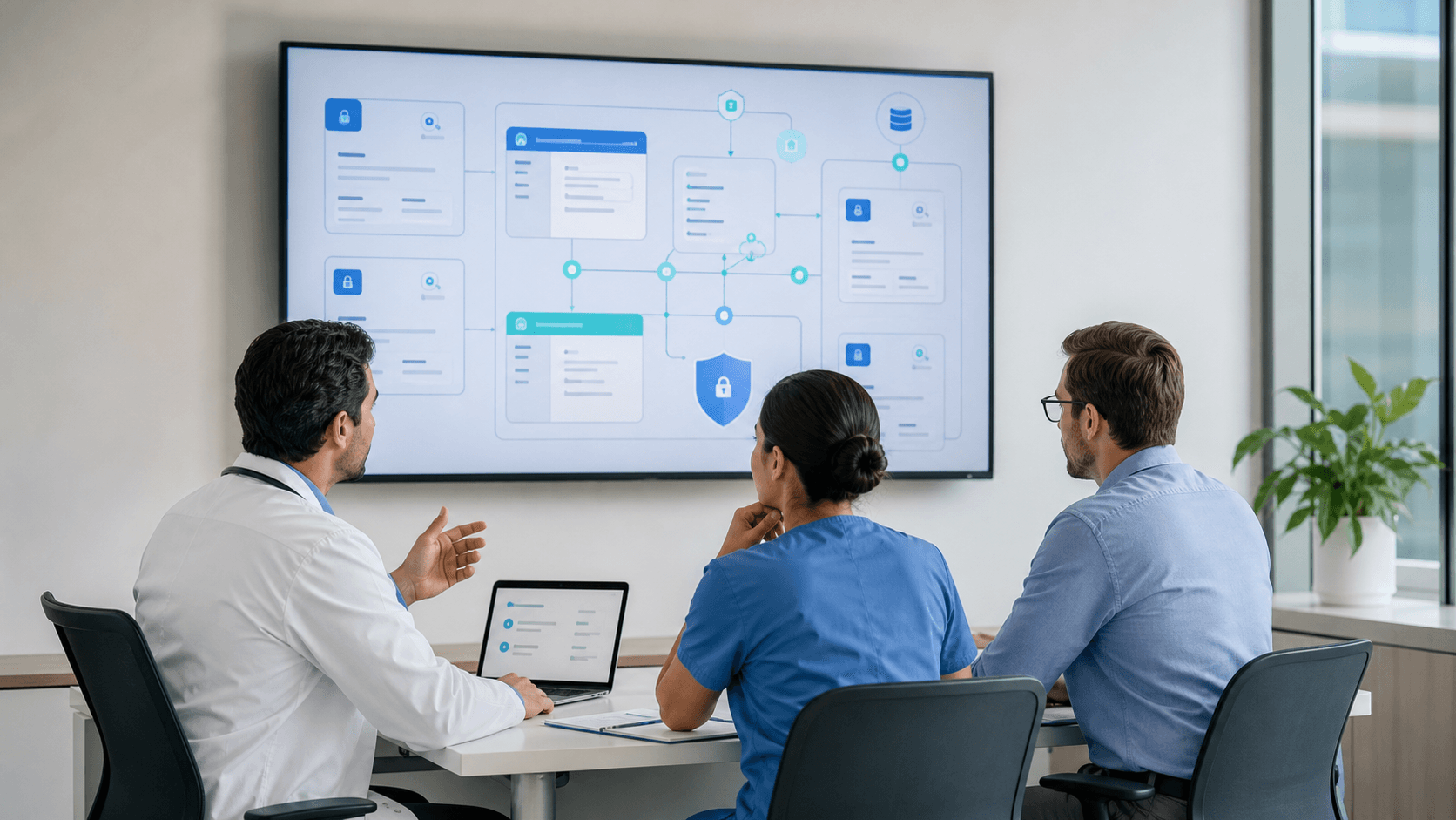 A clinician, nurse, and health IT specialist evaluating an EMR workflow and security architecture