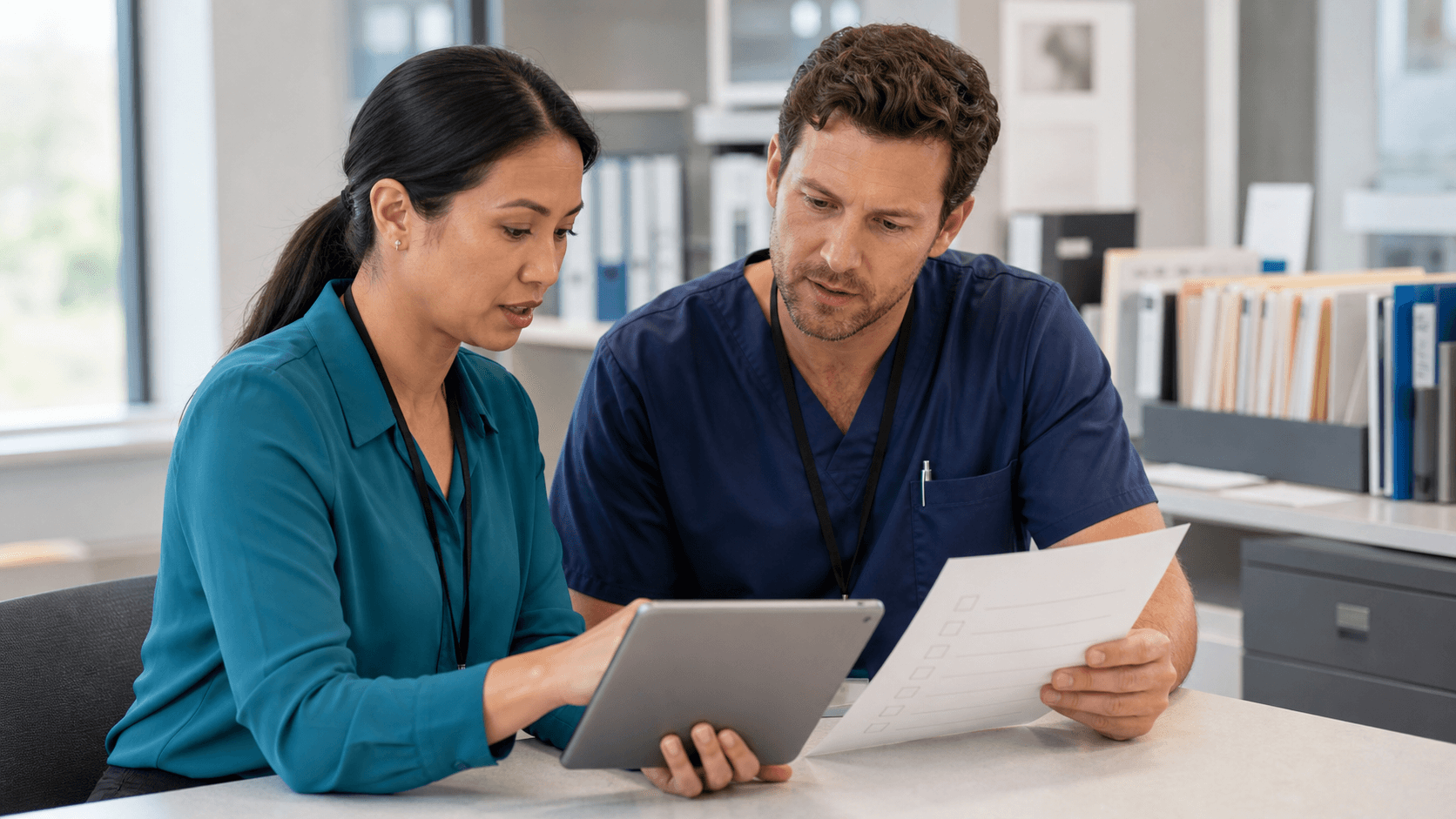 Health information professional and clinician reviewing a blank authorization checklist at a clinic desk