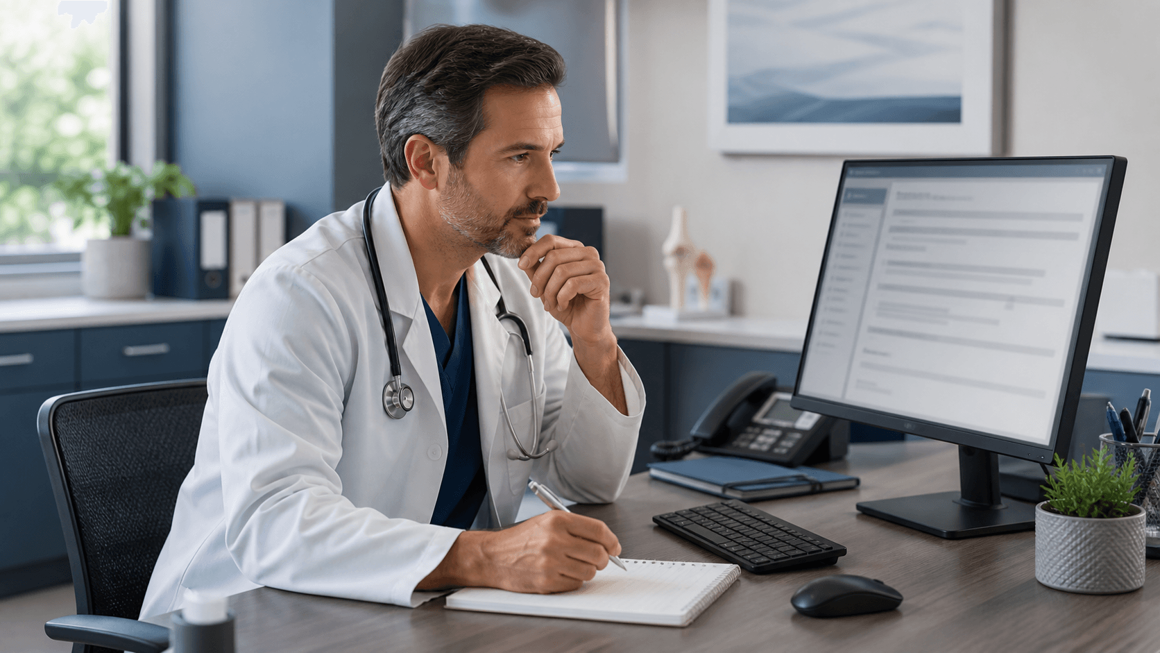 A physician reviewing a history of present illness narrative at a clinic workstation