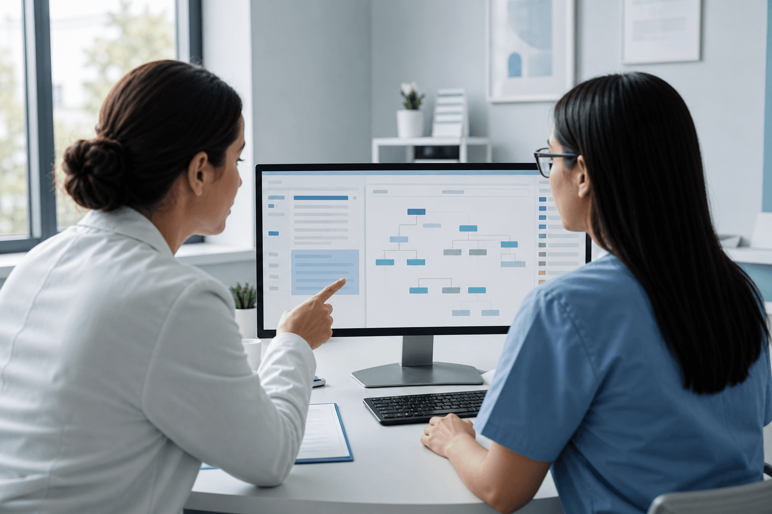 Clinician and coding professional reviewing an ICD-10-CM lookup result against clinical documentation