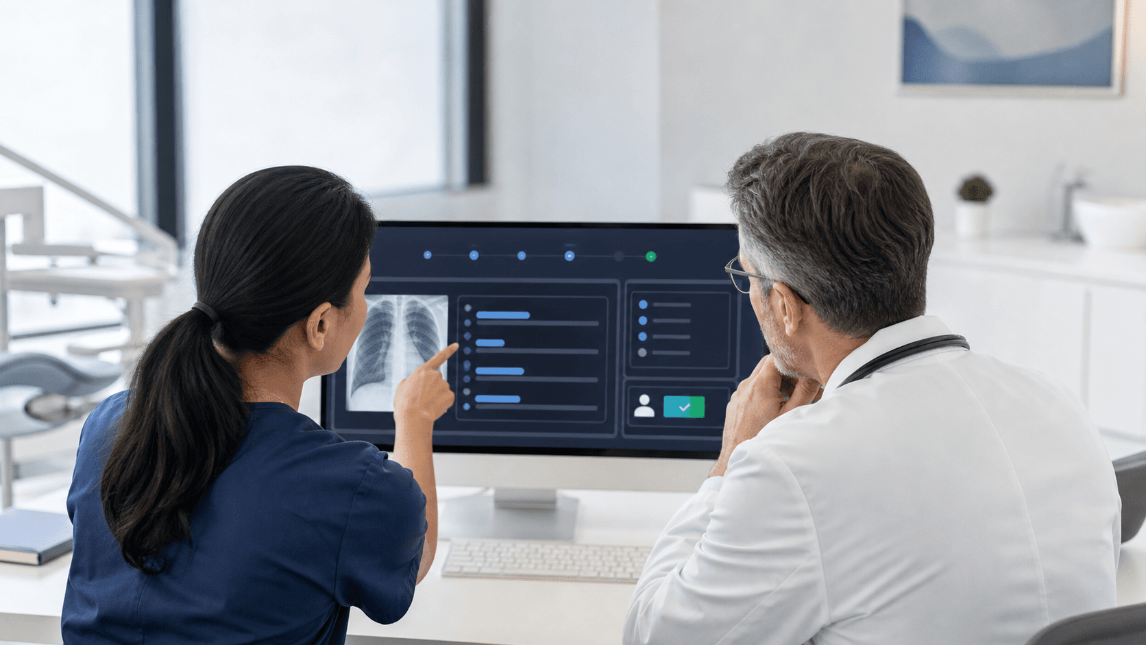Two clinicians comparing a medical AI output with source information at a clinic workstation