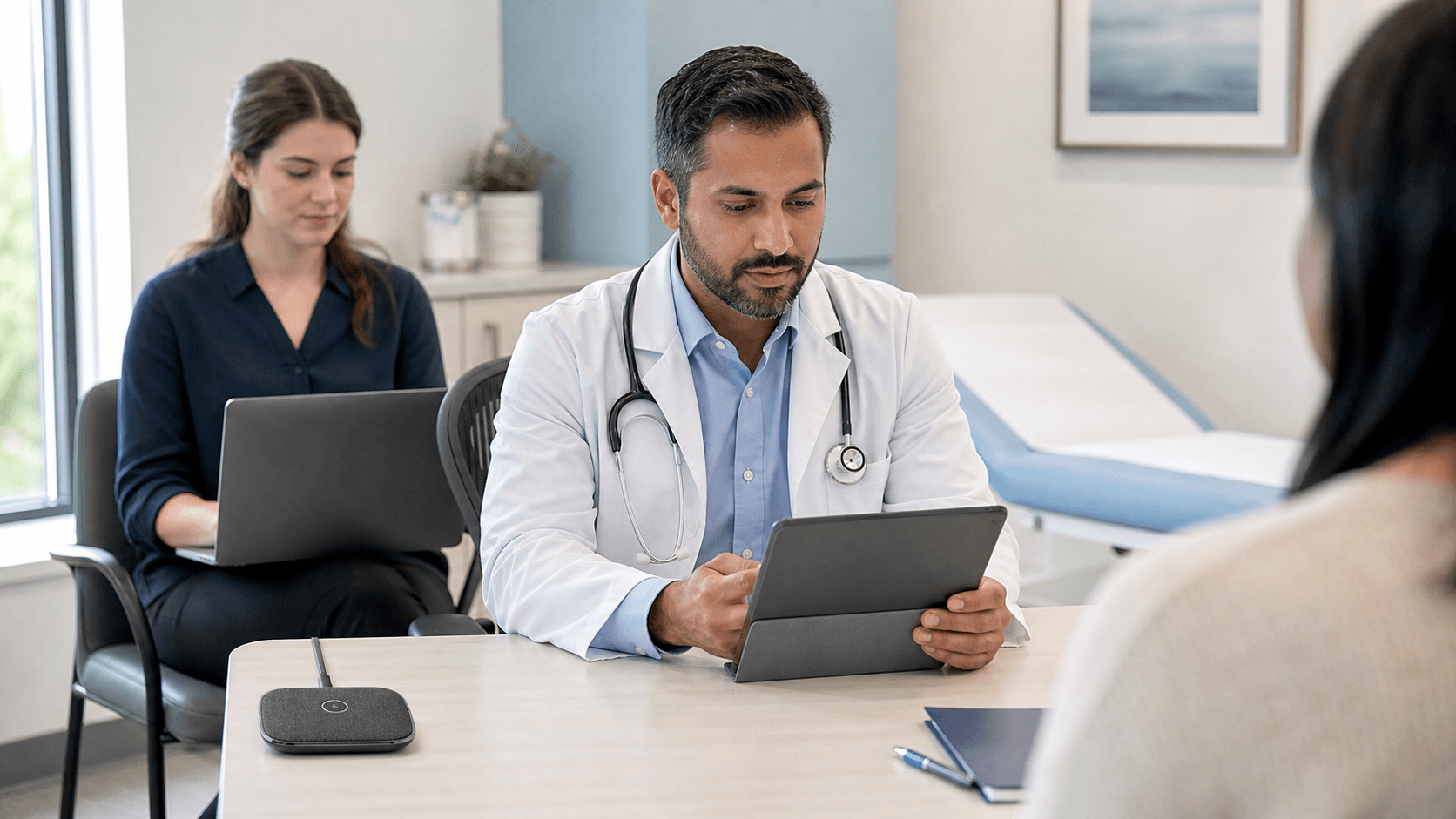 Physician reviewing a note with a human scribe and an ambient documentation device present