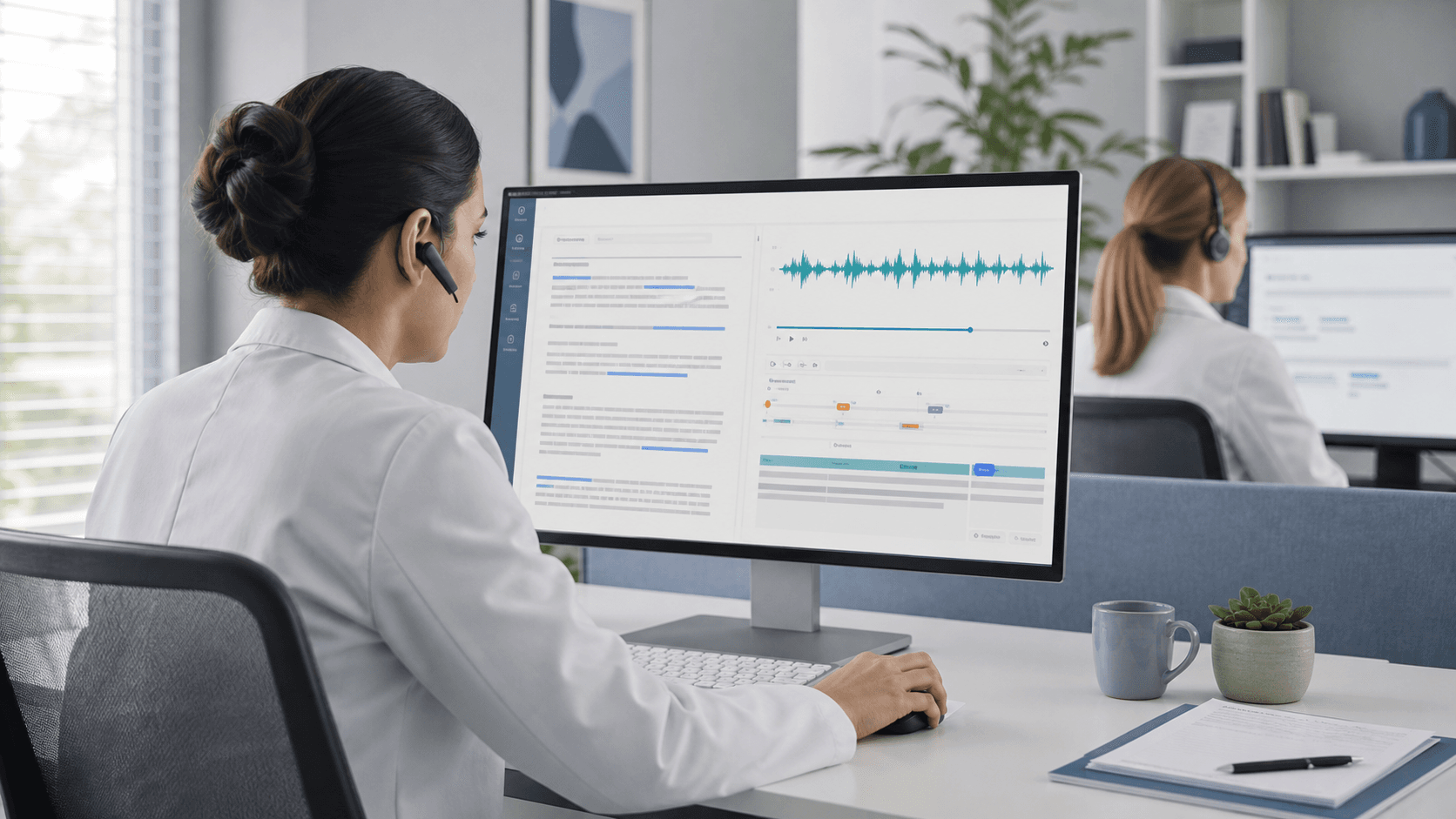 Clinician reviewing a medical transcription draft and audio waveform while a quality reviewer works at another station