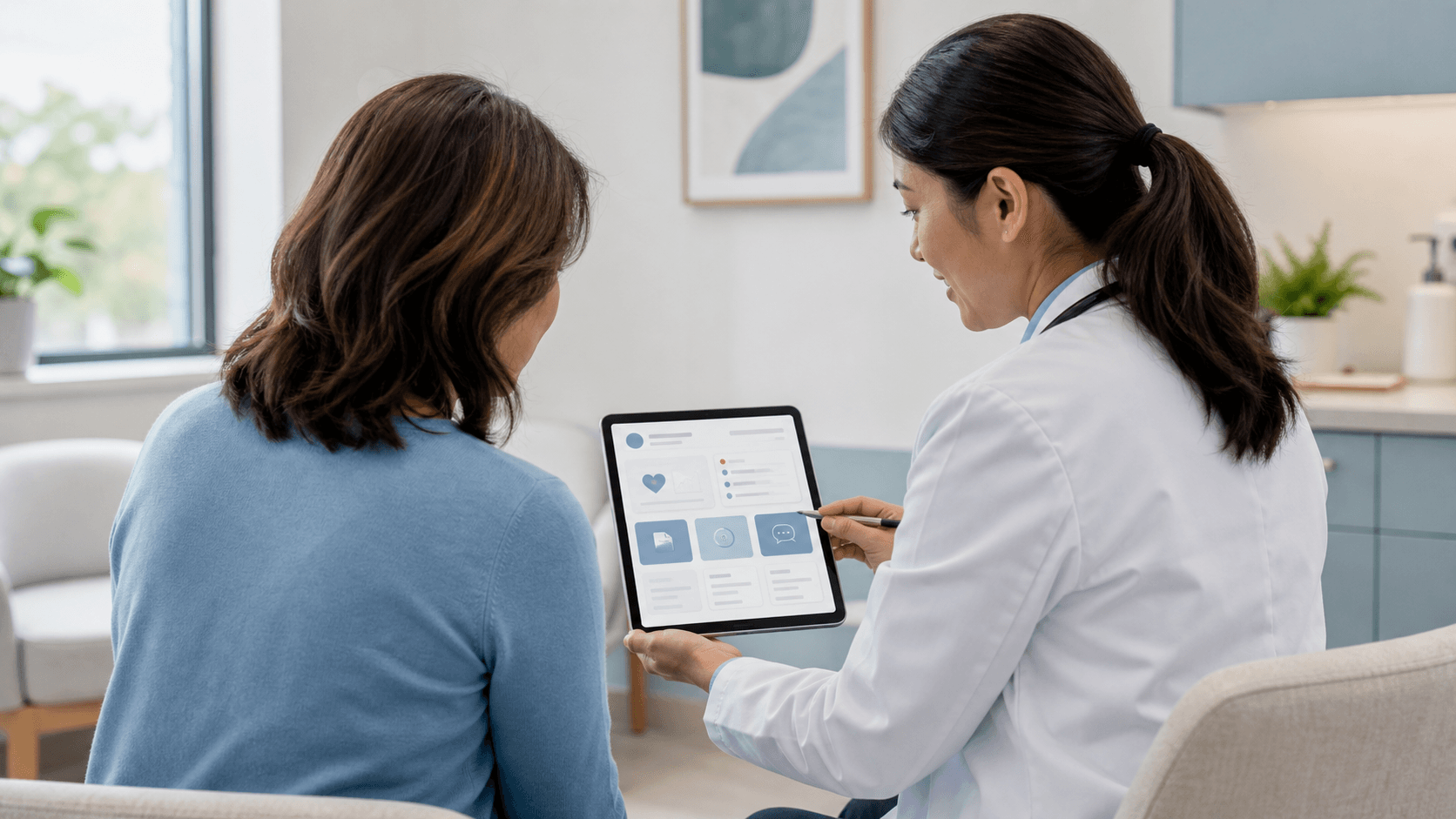 Patient and clinician reviewing a generic patient portal together on a tablet