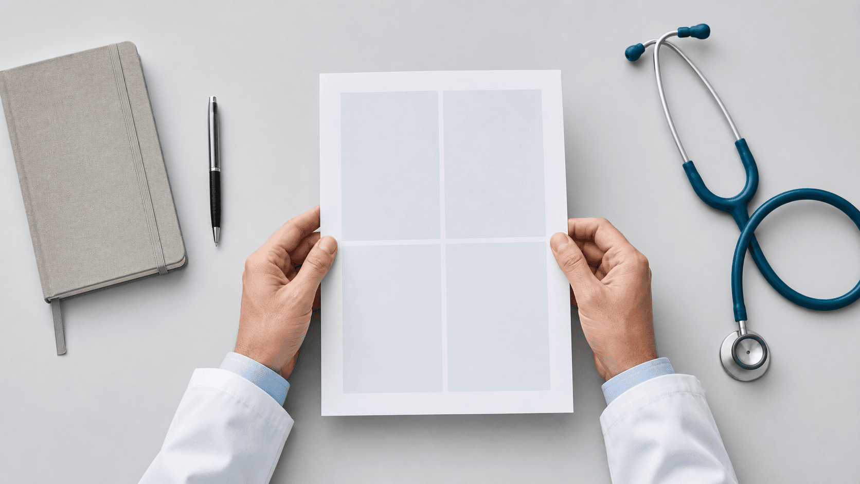 Clinician reviewing a SOAP note divided into Subjective, Objective, Assessment, and Plan sections