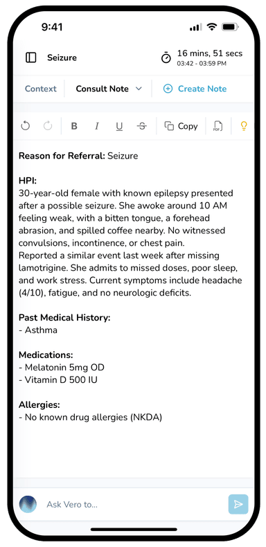 Vero Scribe mobile app on iPhone displaying medical notes and transcription features