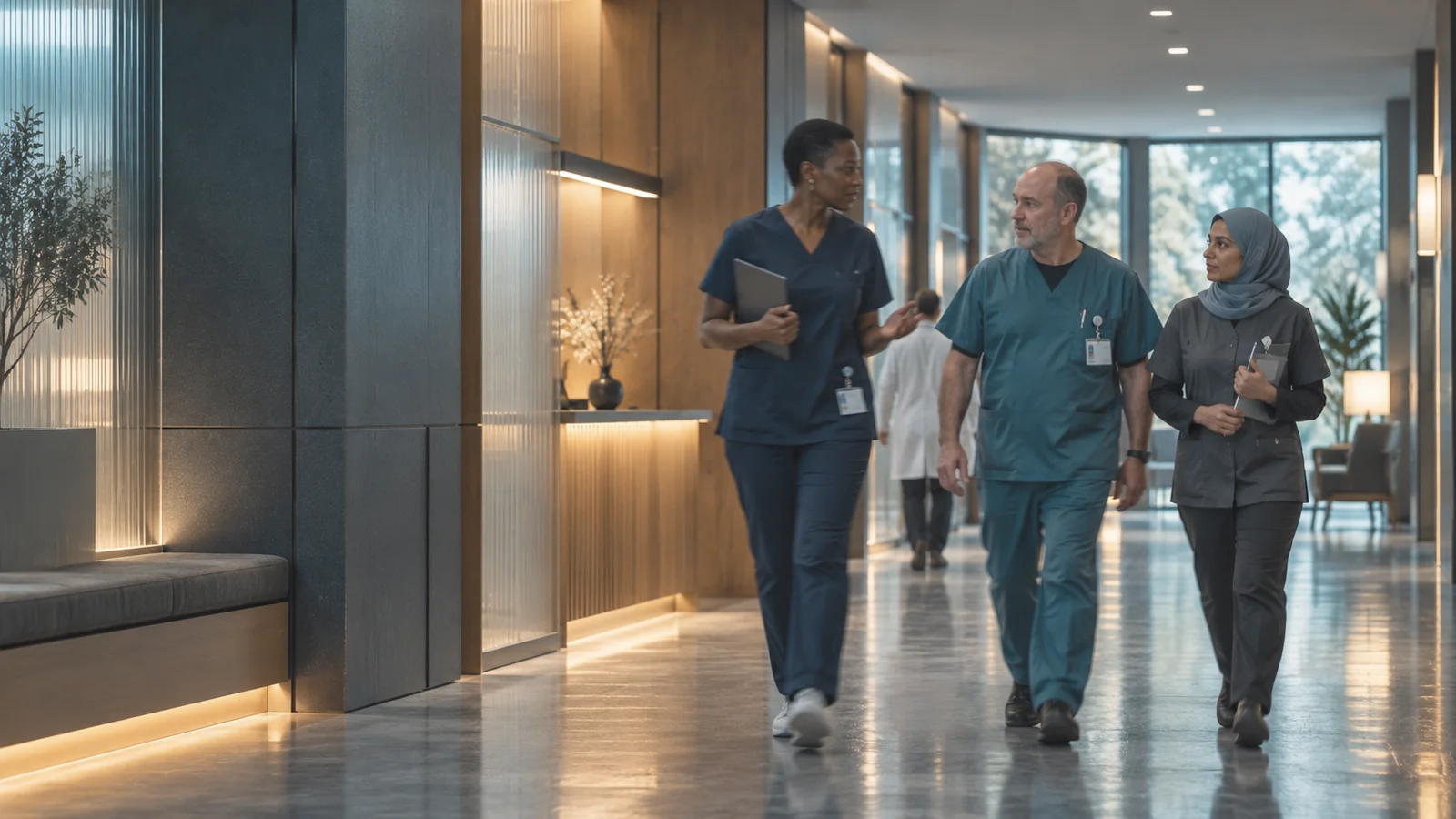 Clinicians walking together down a bright clinic corridor