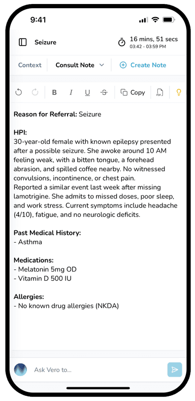 The Vero Scribe mobile app on an iPhone, demonstrating AI-powered medical transcription and note editing.