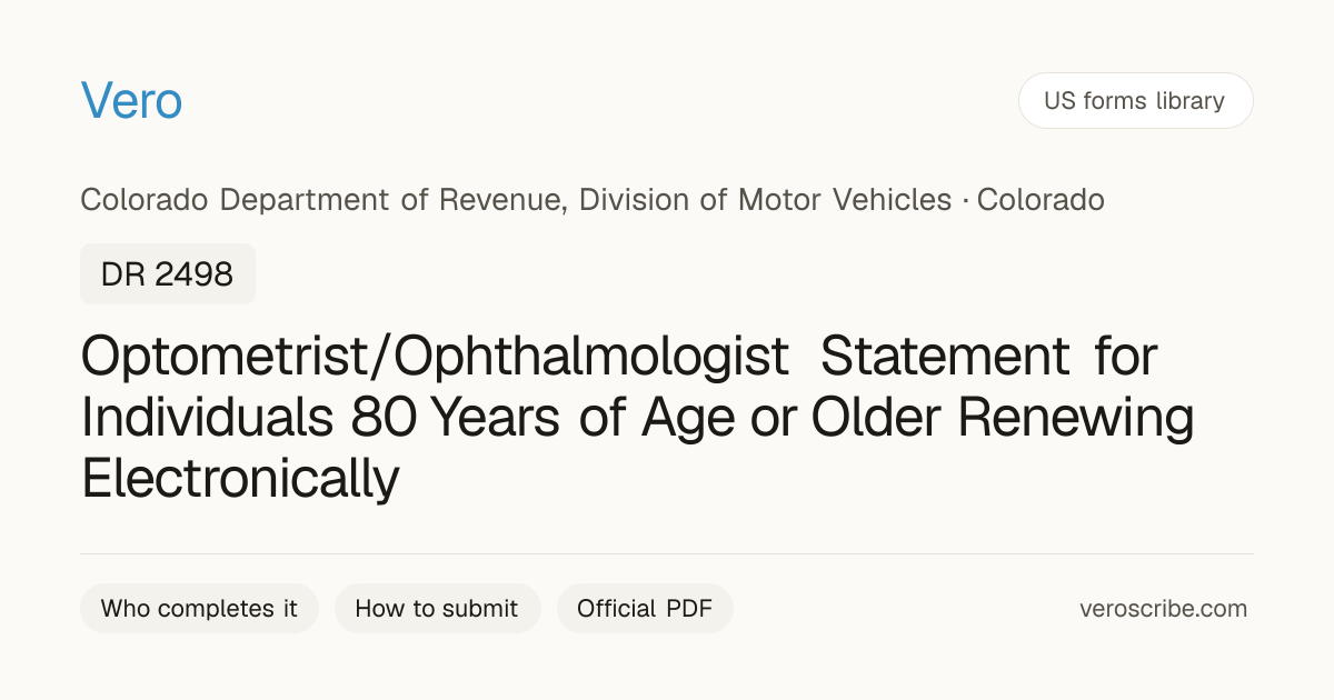 Colorado DR 2498: Eye Exam for Drivers 80+ Online | Vero