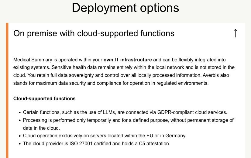 Expanded Averbis deployment panel describing local operation and temporary cloud-supported LLM processing